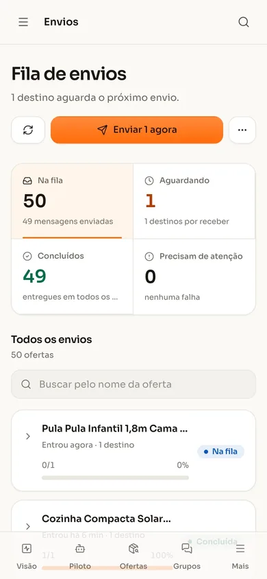 Fila de envios aberta no celular.