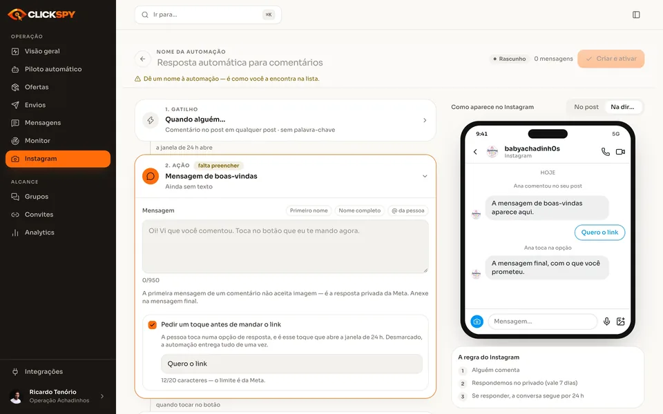 Construtor de automação do Instagram: gatilho de comentário no post, mensagem de boas-vindas com o botão Quero o link e a prévia da conversa na direct.