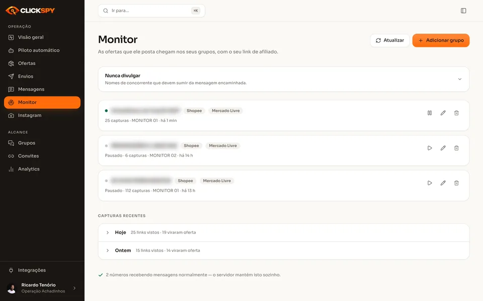 Tela do Monitor com três grupos de concorrentes acompanhados (nomes desfocados), capturas por grupo e o resumo de capturas de hoje e de ontem.
