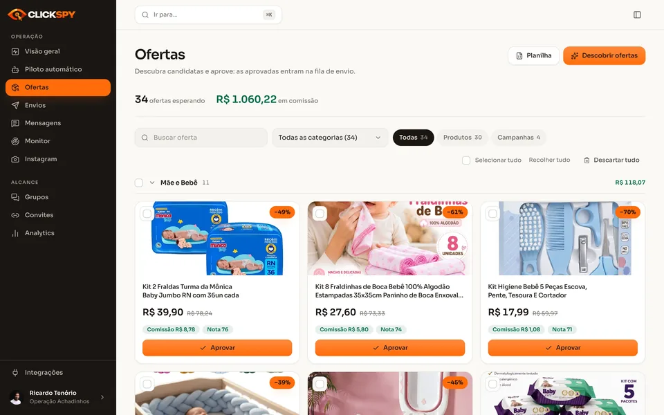 Painel do ClickSpy na tela de Ofertas: 34 ofertas da Shopee esperando aprovação, somando R$ 1.060,22 em comissão estimada, com preço, desconto, comissão e nota em cada produto.
